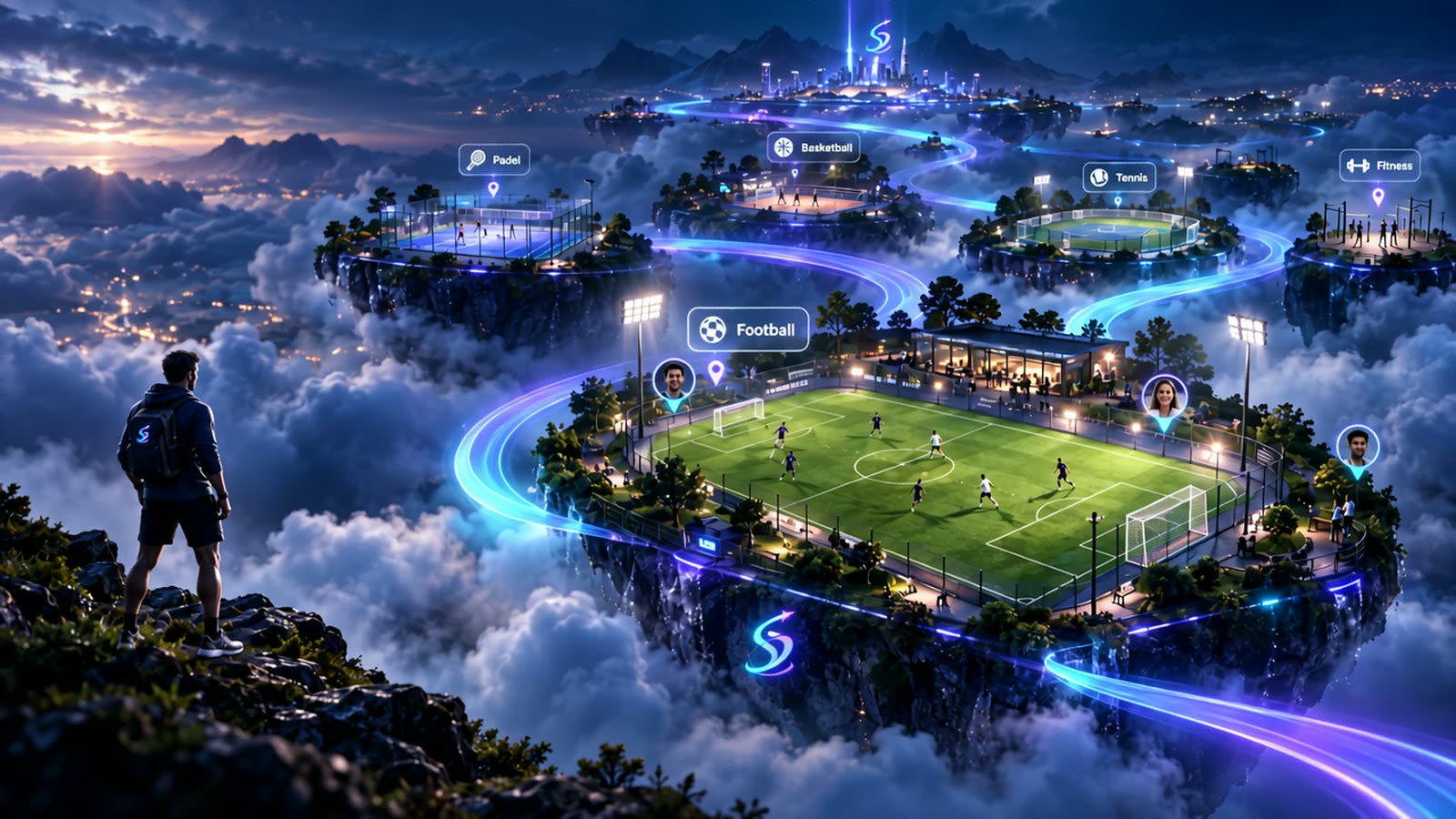 L'univers StrenaGo : des terrains de football, padel et tennis suspendus au-dessus des nuages, reliés par des traînées de lumière, une ville illuminée à l'horizon