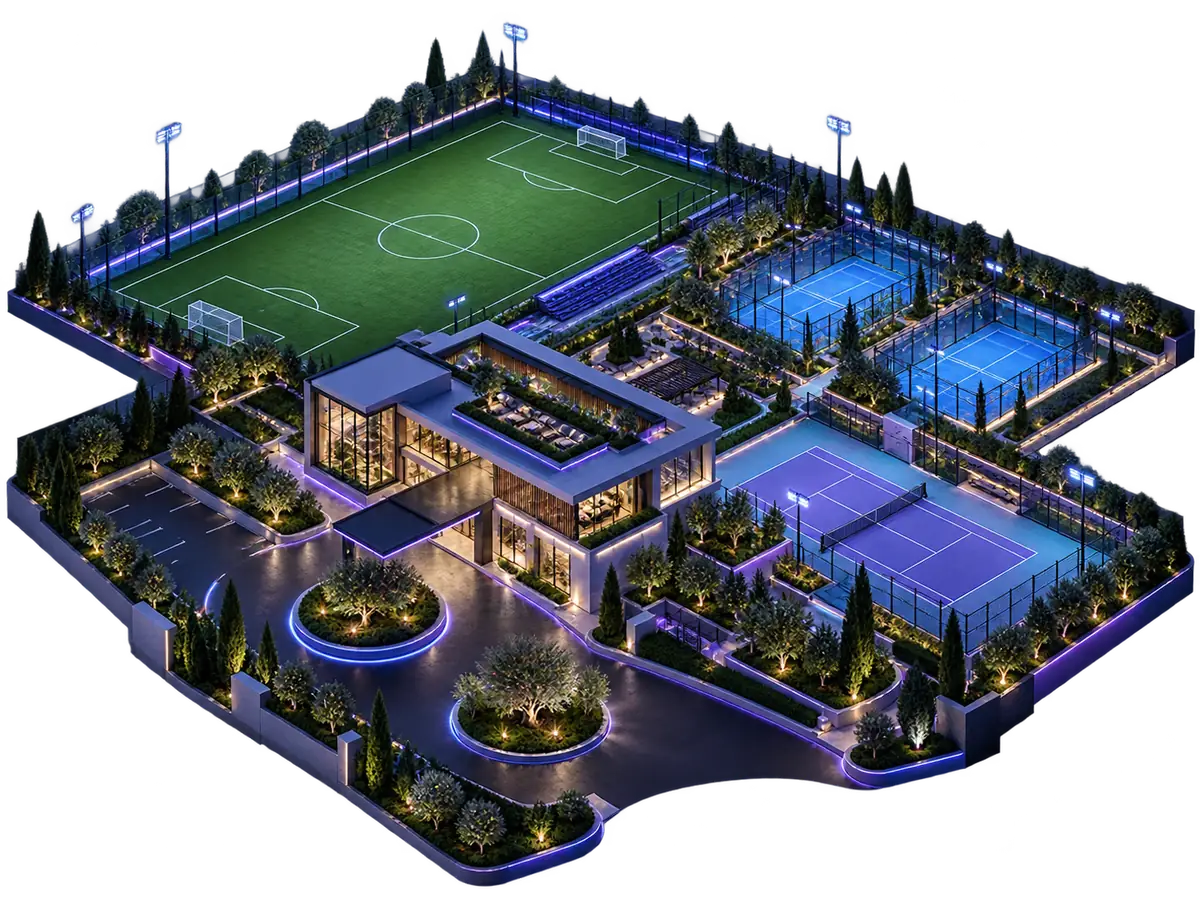 Vue isométrique d’un complexe sportif de nuit : terrain de football, courts de padel et de tennis, club-house éclairé