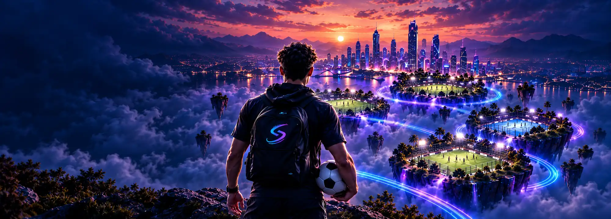 Un sportif vu de dos, au sommet d'une colline, face à une ville illuminée au coucher du soleil