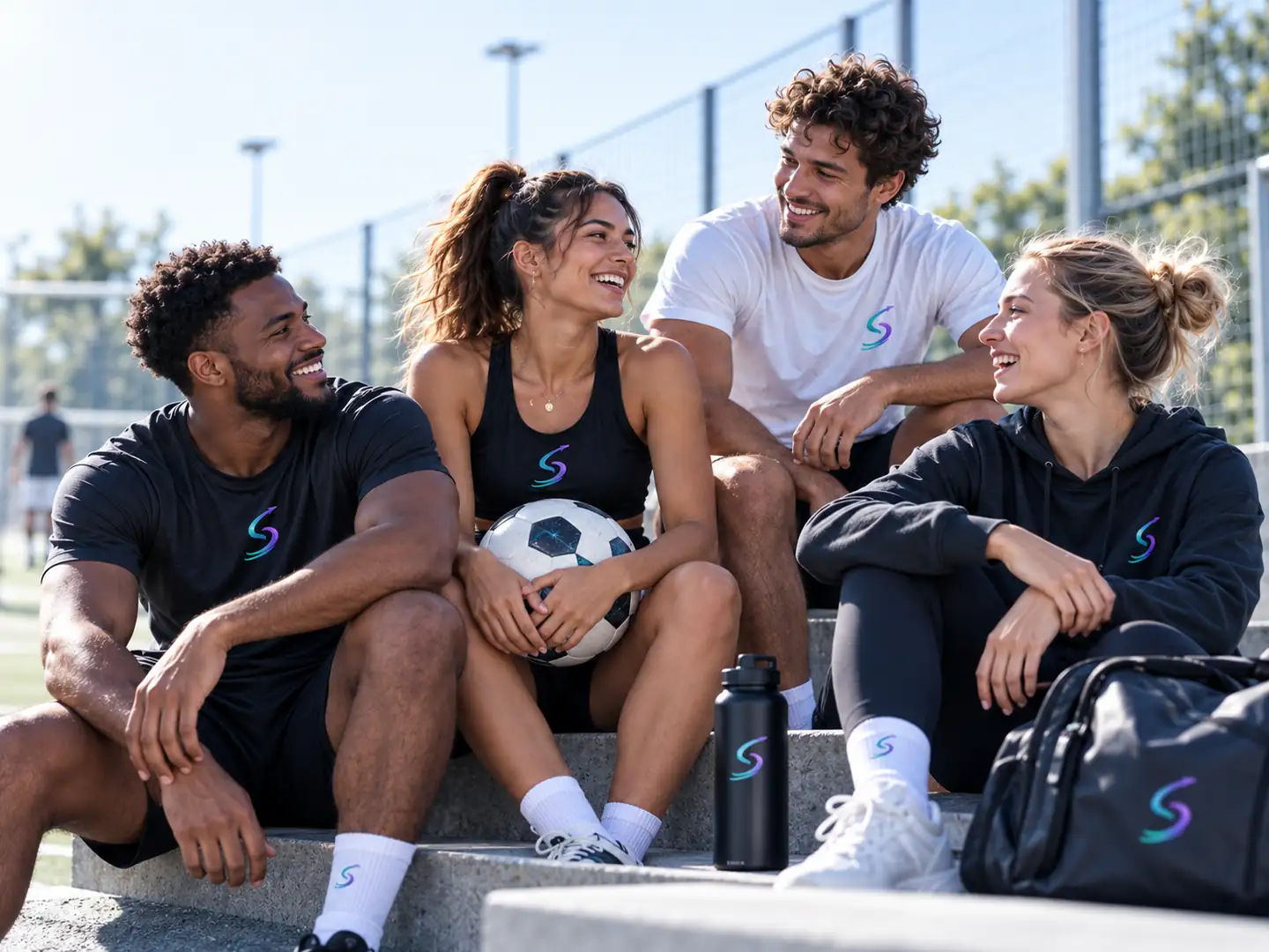Quatre joueuses et joueurs souriants après un match, un ballon dans les mains, terrain éclairé la nuit